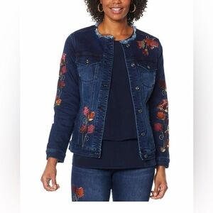 DG2 by Diane Gilman Floral Embroidered Jean Jacket - Dark Blue